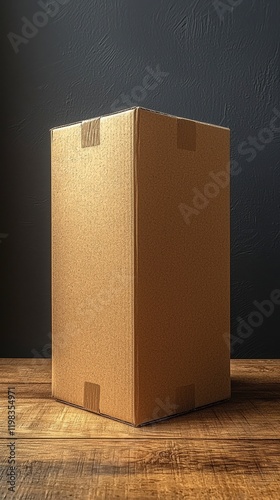 Cardboard box placed on a wooden table with a rustic background and natural lighting