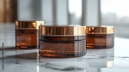 Three jars of cream in a row on a wooden surface with natural lighting