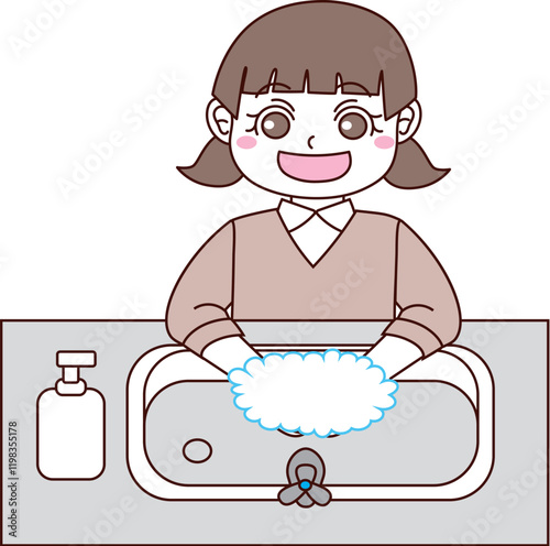 楽しく手洗いをする女の子