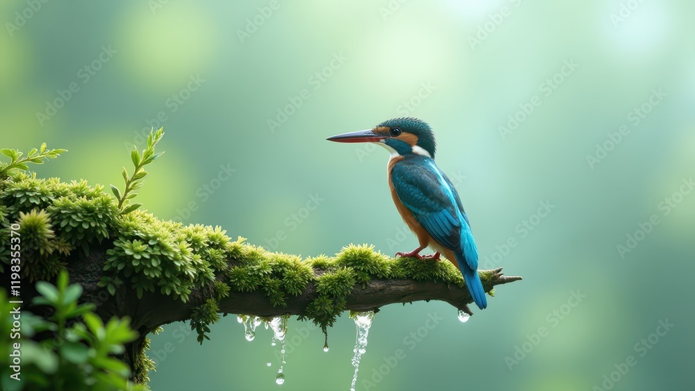 A vibrant Eurasian kingfisher perches on a mossy branch, with its striking blue and green plumage glinting in soft sunlight, gazing elegantly to the left A vibrant Eurasian kingfisher perches on a mossy branch, with its striking blue and green plumage glinting in soft sunlight, gazing elegantly to the left