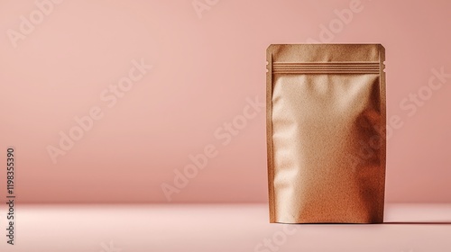 Brown coffee bag on pink background with simple design and natural elements
