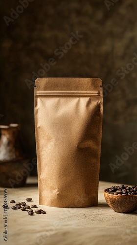 Bag of coffee beans beside a bowl filled with coffee beans on a wooden surface