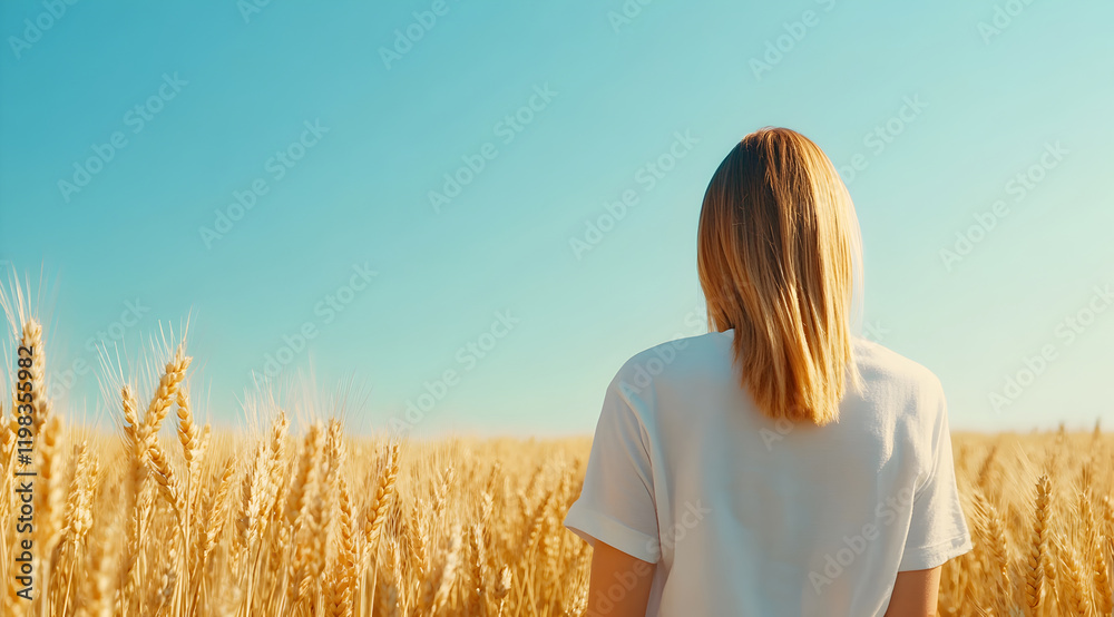 Obraz premium A person stands in a golden wheat field, gazing at the clear blue sky, embodying serenity and connection with nature.