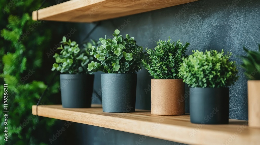 Stylish potted plants arranged on a wooden shelf indoors.