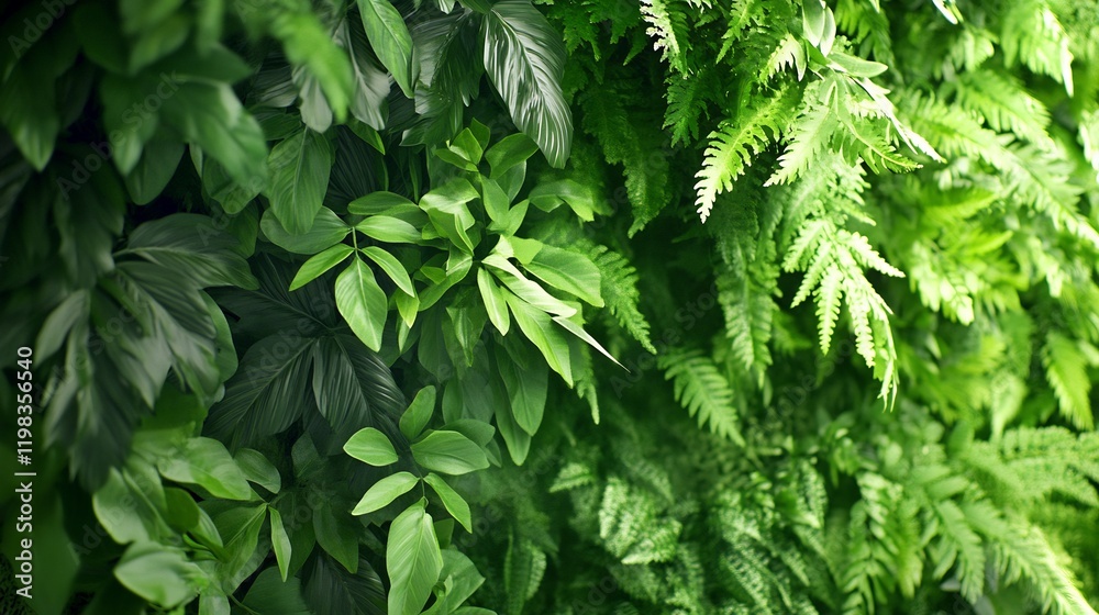 Lush green indoor wall, plants, leaves, nature, background, office decor Lush green indoor wall, plants, leaves, nature, background, office decor