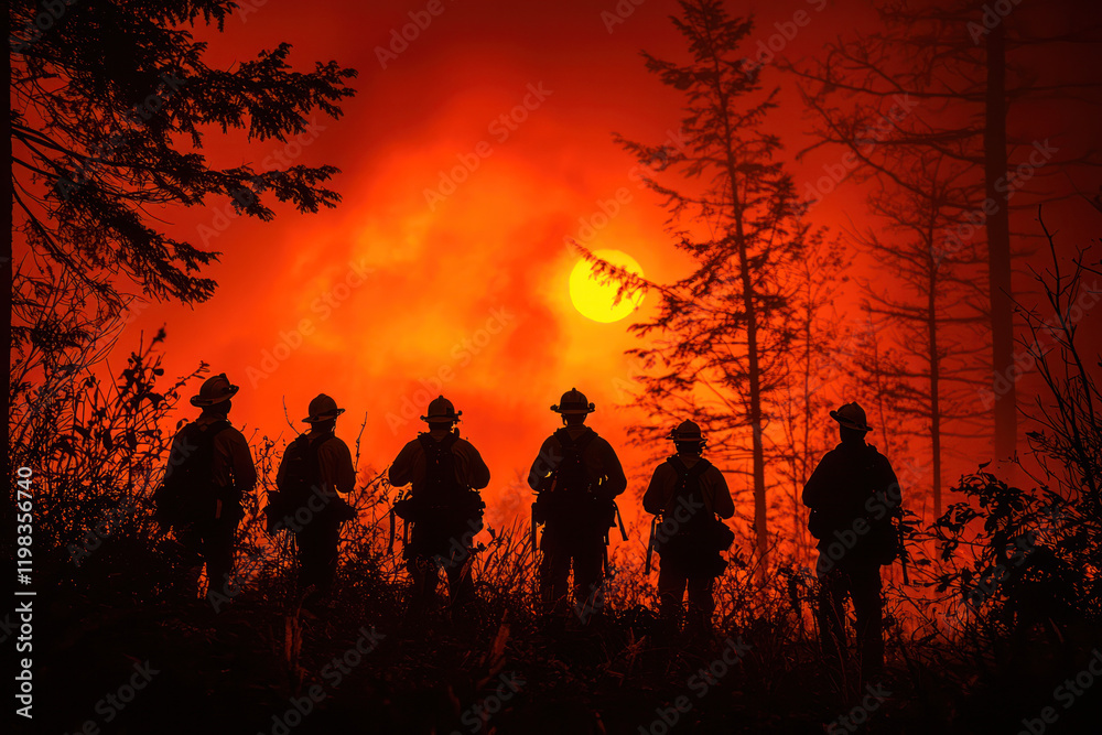 A group of firefighters silhouetted against fiery backdrop, coordinating efforts as wildfire spreads A group of firefighters silhouetted against fiery backdrop, coordinating efforts as wildfire spreads