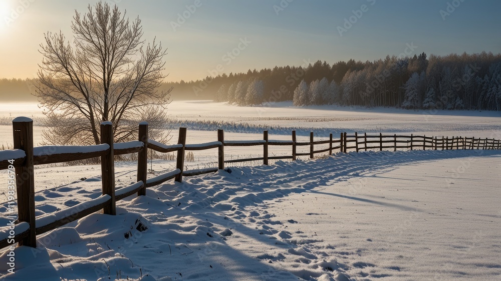 Fototapeta premium rural scene winter,Snow-Dusted Fence Lines Across a Peaceful Countryside