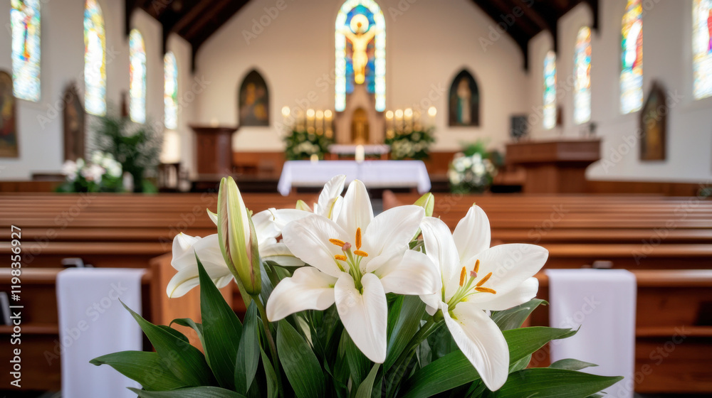 A serene church interior featuring elegant white lilies in the foreground, with stained glass and wooden pews creating a tranquil atmosphere.