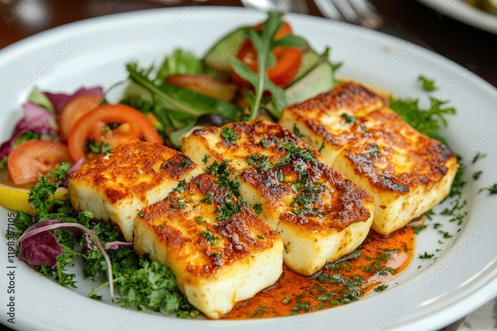 Tasty fried halloumi with mixed vegetable salad and lemon Classic Turkish dish Tasty fried halloumi with mixed vegetable salad and lemon Classic Turkish dish