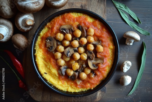 Tasty homemade chickpea and mushroom corn polenta photo