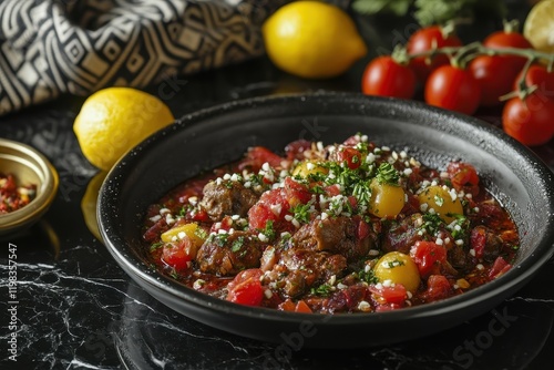 Tasty Lebanese cuisine featuring authentic sfihas set against a black granite backdrop with tomatoes lemons and a Keffiyeh photo