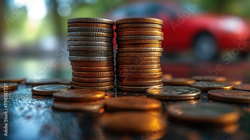 Stacks of Coins Glimmering in the Sunlight on a Gleaming Surface with a Blurred Red Car in the Background Creating a Financial Theme and Urban Vibe