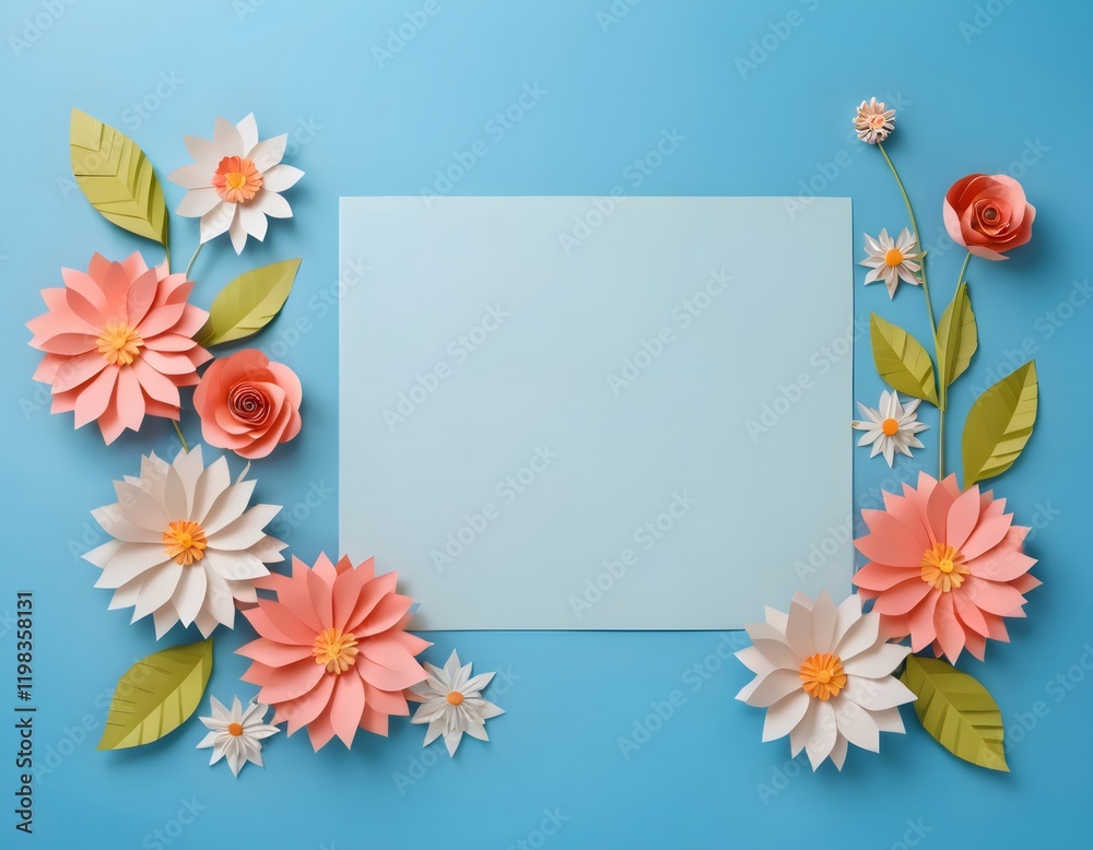 Colorful paper flowers framing a blank card on blue background Colorful paper flowers framing a blank card on blue background