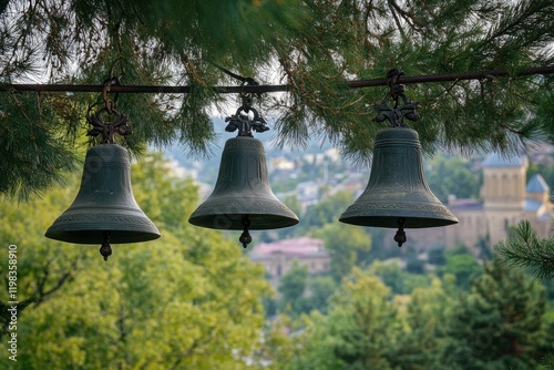 Three church bells against green pine branches near Metekhi Church in Tbilisi s historic center Georgia photo