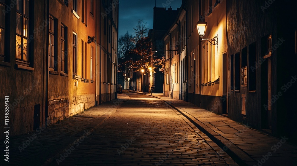 Serene Night Streetscape of an Empty Cobblestone Alleyway Illuminated by Warm Street Lights Amidst Quaint Historic Buildings in Autumn Serene Night Streetscape of an Empty Cobblestone Alleyway Illuminated by Warm Street Lights Amidst Quaint Historic Buildings in Autumn