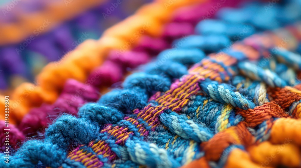 Close-up of vibrant woven fabric colorful pattern in blue and orange hues Close-up of vibrant woven fabric colorful pattern in blue and orange hues