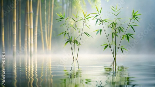 Serene Bamboo Shoots Reflecting in Calm Water, A Tranquil Scene of Nature's Peaceful Beauty