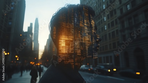 Man's head overlaid with city data at sunset.