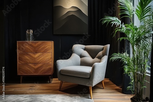 modern living room interior showcases a luxurious dark backdrop- complemented by a grey armchair and a wooden chest drawer- creating a generative ambiance photo