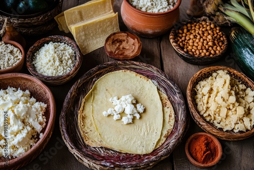 Tlayuda and Oaxaca cheese are traditional dishes from Mexico photo