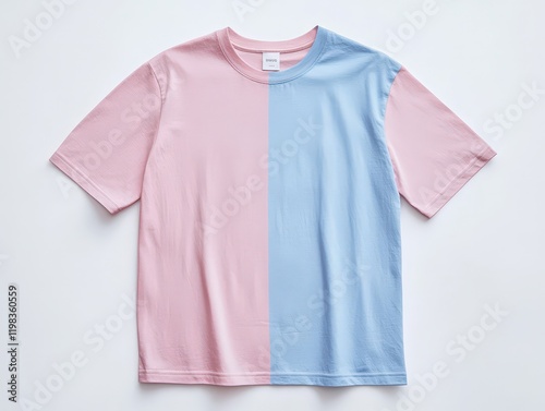Pink and blue t-shirt with a white stripe displayed on a plain background for fashion and apparel purposes