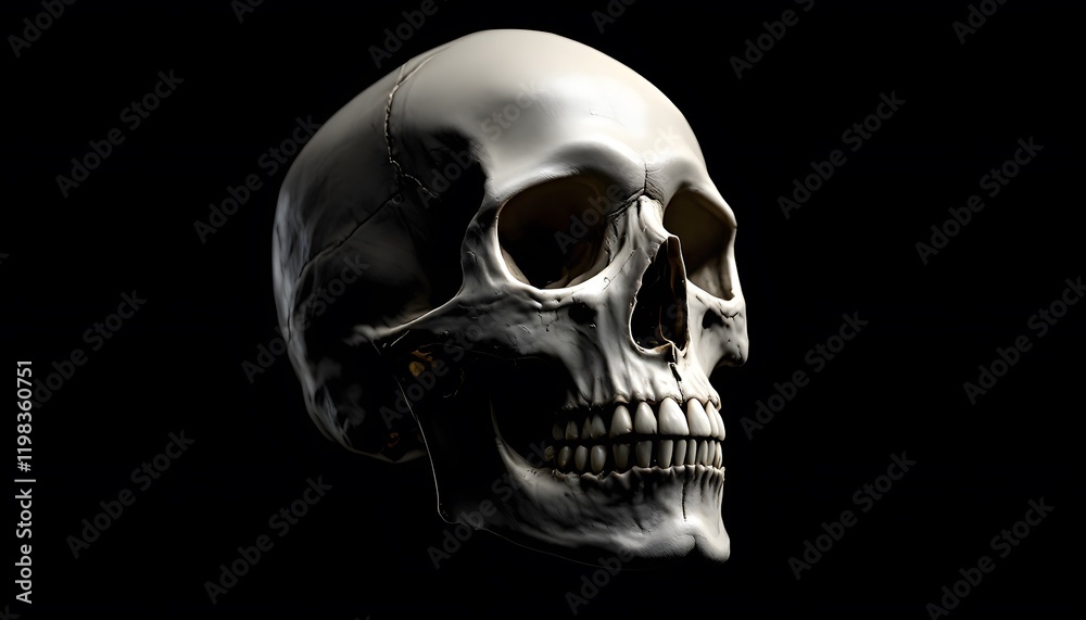 Detailed human skull with dark background - representing mortality - suitable for Halloween, horror themes, medical, educational, or gothic designs Detailed human skull with dark background - representing mortality - suitable for Halloween, horror themes, medical, educational, or gothic designs