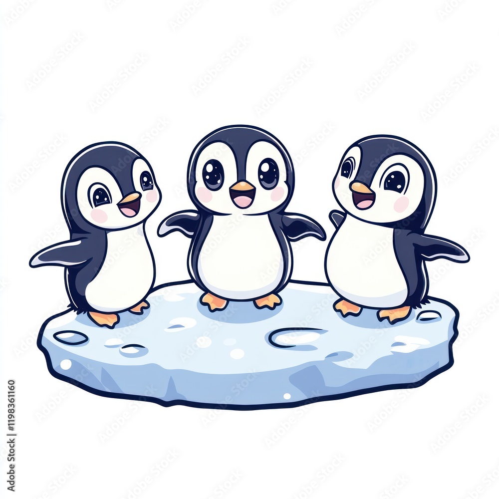 Naklejka premium Three happy penguins on ice floe, Arctic background, children's illustration