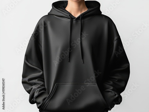 Man wearing black hoodie standing against a solid background in a casual outdoor setting
