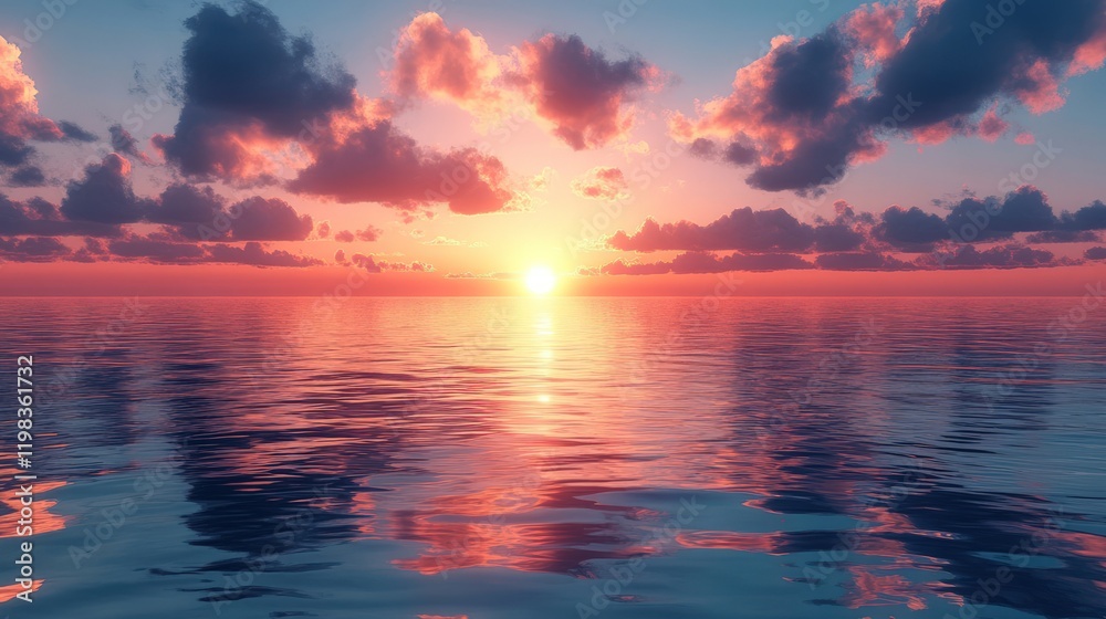 Naklejka premium Serene ocean sunset, pink clouds, calm water, peaceful background, ideal for travel brochures