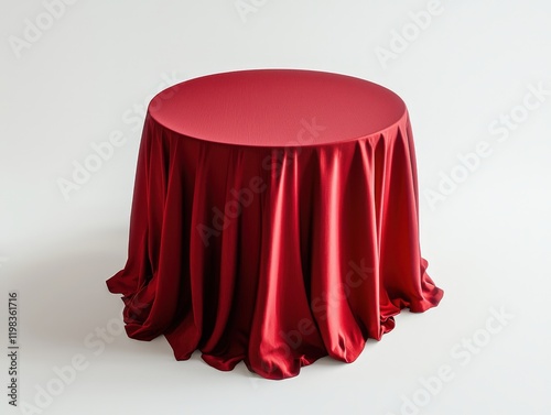 Round table with red satin tablecloth elegantly arranged for dining or event setting