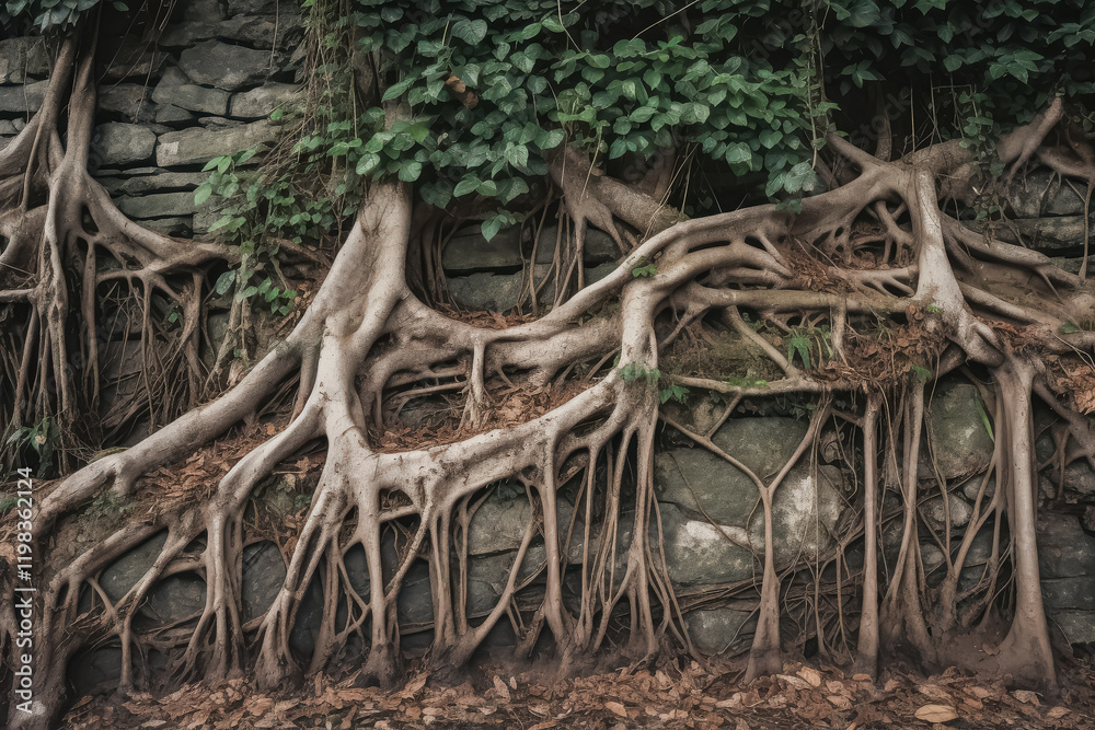 Wall covered in roots and ivy. The roots are brown and the ivy is green Wall covered in roots and ivy. The roots are brown and the ivy is green