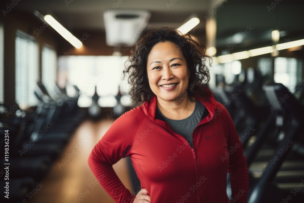 Smiling portrait of a middle aged slightly overweight Asian woman in gym Smiling portrait of a middle aged slightly overweight Asian woman in gym