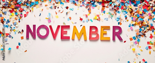 Colorful paper confetti and the word NOVEMBER in different colors against a white background
