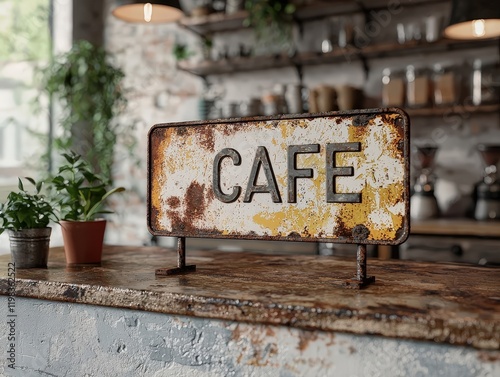Rusty sign on a wooden counter next to a small pot of green plants and gardening tools