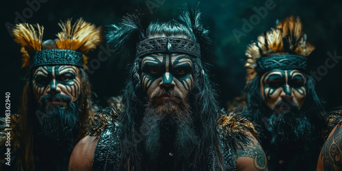 Maori warriors in traditional New Zealand attire, generative AI photo