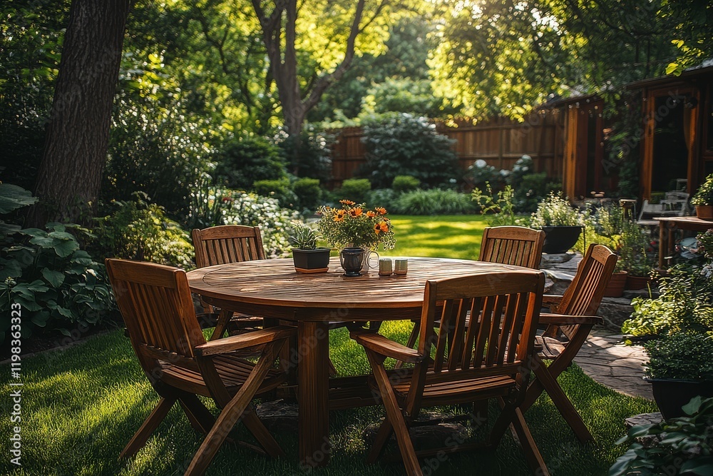 Wooden garden table and chairs set on green grass in the backyard on a sunny day for a summer party concept.