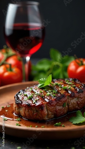 Grilled ribeye, vibrant tomatoes, rich red wine , grilled, wine