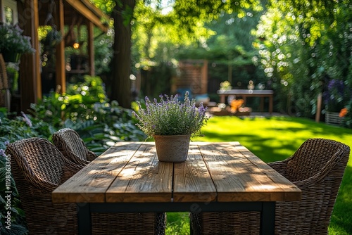 Wooden garden table and chairs set on green grass in the backyard on a sunny day for a summer party concept. photo