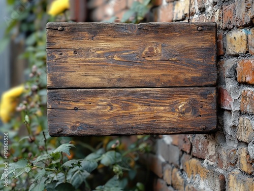Wooden sign attached to a textured brick wall in an indoor setting