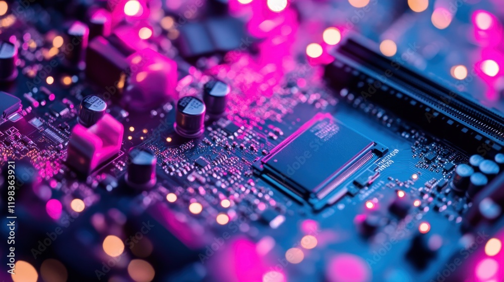 Obraz premium Neon Circuit Board: A Close-Up of Technological Innovation
