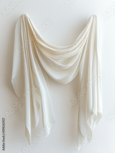 White scarf hanging on a wall in a simple indoor setting with natural lighting and minimal decor