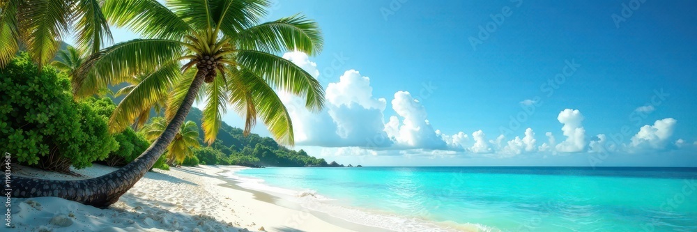 Palm trees sway gently in the ocean breeze on a tropical island, palm tree, paradise Palm trees sway gently in the ocean breeze on a tropical island, palm tree, paradise