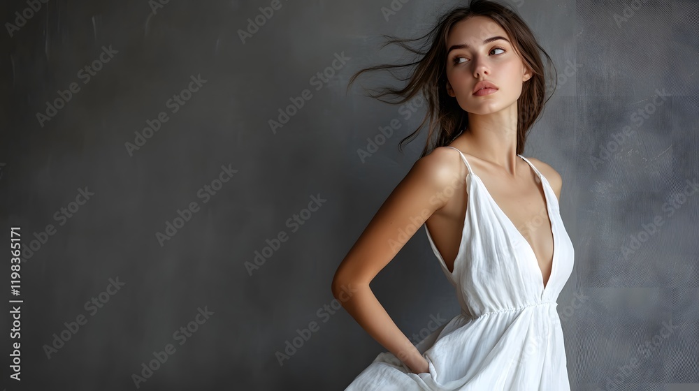 Obraz premium Woman in White Dress Posing Against Gray Background