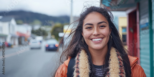 Portrait of a smiling beautiful Māori woman in a New Zealand town, generative AI