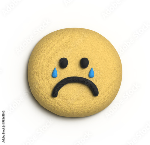 3D Sad Emoji: A 3D rendering of a classic sad emoji with furrowed brow and blue teardrops, capturing a moment of heartfelt sorrow.