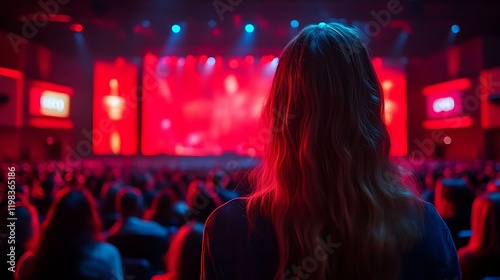 Woman watching concert performance in large venue.