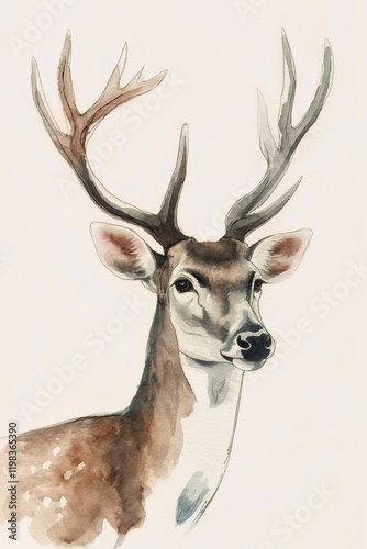 Majestic deer posing with large antlers in watercolor painting