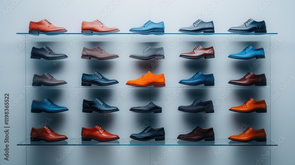 A collection of high-end shoes arranged on elegant shelves. A collection of high-end shoes arranged on elegant shelves.