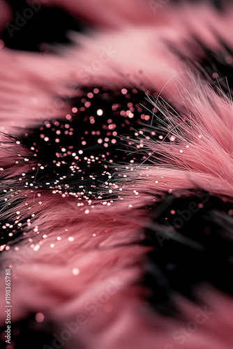 Pink and black feathers covered in sparkling glitter creating a festive backg...