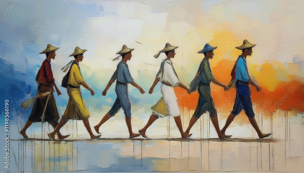 Expressive Handmade Painting Capturing a Lively Scene of People Strolling Along a Rustic Pathway, Set Against the Backdrop of a serene Sunset Sky. Expressive Handmade Painting Capturing a Lively Scene of People Strolling Along a Rustic Pathway, Set Against the Backdrop of a serene Sunset Sky.